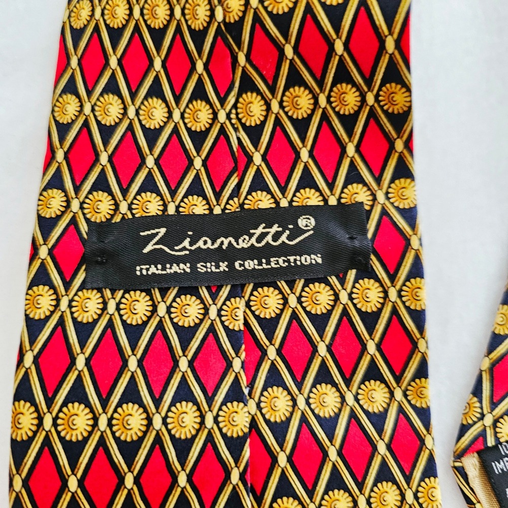 Zianetti Italian Silk Tie Mens Red Navy Gold Diamond Sunburst Geometric USA made - Picture 3 of 5